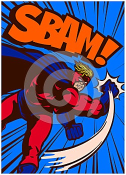 Pop art comic book superhero in action punching and fighting vector illustration