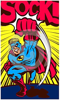 Pop art comic book superhero punching and fighting vector illustration