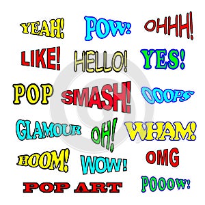 Pop art comic book text set with different emotions and text.