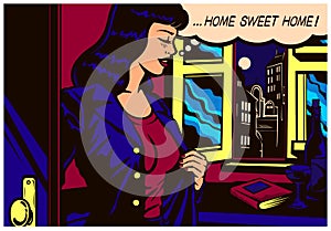 Pop Art comic book woman coming back home after work to her apartment vector illustration