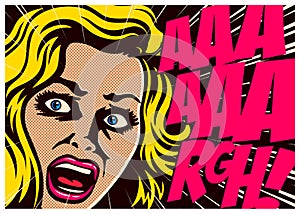 Pop art comic book woman screaming in fear illustration