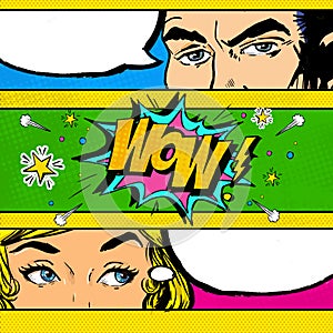 Pop Art comic dialog. Pop Art couple. Pop Art Love. Advertising poster. Comic man and women with speech bubble.Wow face. Surprise.