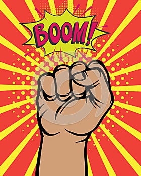 Pop art comic poster with boom clenched hand fist power human hit vector illustration. Fist makes strike and boom in