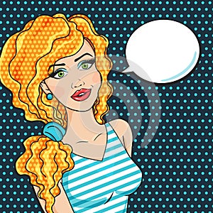 Pop Art Comic RedHead Woman with thinking cloud. Modern young summer girl smiling