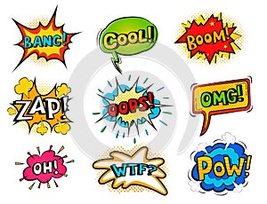Pop art comic speech bubble boom effects vector explosion bang communication cloud fun humor book splash illustration.