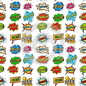 Pop art comic speech bubble boom effects vector explosion bang communication cloud fun humor book splash seamless