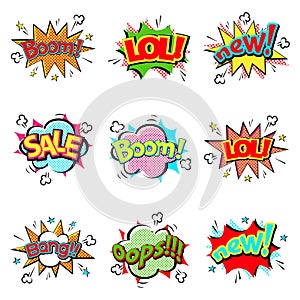 Pop art comic speech bubble boom effects vector explosion bang communication cloud fun humor illustration