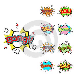 Pop art comic speech bubble boom effects vector explosion bang communication cloud fun humor illustration