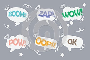 pop art comic speech bubbles with different emotions and bright composition with explosive halftone rays