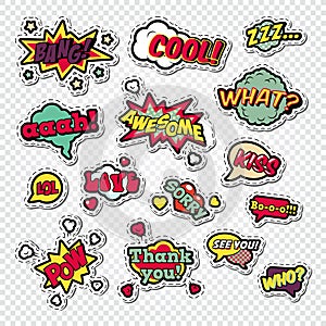 Pop Art Comic Speech Bubbles Set with Funny Text. Chat, Communication Stickers, Badges and Patches