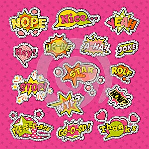 Pop Art Comic Speech Bubbles Set with Funny Text. Chat, Communication Stickers, Badges and Patches