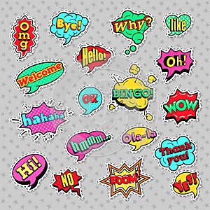 Pop Art Comic Speech Bubbles Set with Halftone Dotted Cool Shapes with Expressions Wow, Bingo, Like