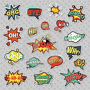 Pop Art Comic Speech Bubbles Set with Halftone Dotted Cool Shapes with Expressions Wow, Bingo, Like