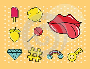 Pop art comic style, fashion patch badges with lips candy fruit, flat icons set