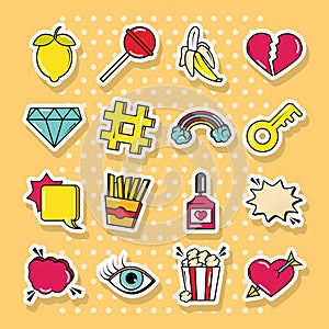 Pop art comic style, stickers fashion retro dotted background flat icons set