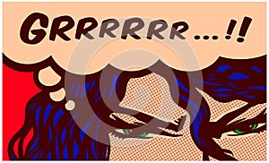 Pop art comics style angry woman eyes grunting with speech bubble vector illustration