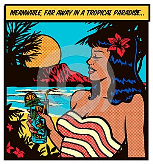 Pop art comics style girl wearing swimsuit relaxing enjoying holidays in a tropical paradise island beach vector illustration photo