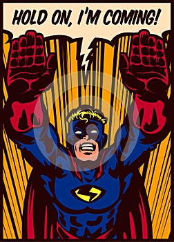 Pop art comics style superhero flying to the rescue vector illustration