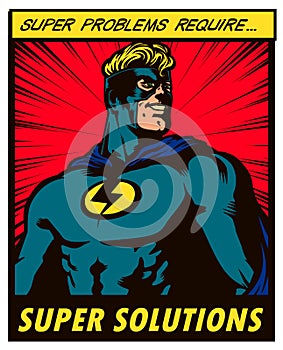 Pop-art comics style superhero solving problems with superpowers vector illustration