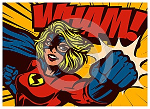 Pop art comics style superheroine punching with female superhero costume vintage comic book vector illustration