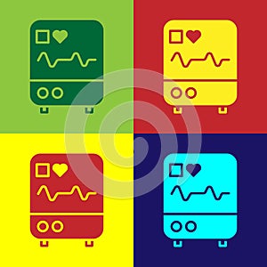 Pop art Computer monitor with cardiogram icon isolated on color background. Monitoring icon. ECG monitor with heart beat