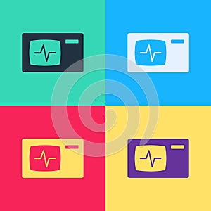 Pop art Computer monitor with cardiogram icon isolated on color background. Monitoring icon. ECG monitor with heart beat