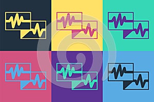 Pop art Computer monitor with cardiogram icon isolated on color background. Monitoring icon. ECG monitor with heart beat