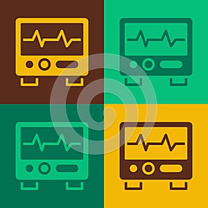 Pop art Computer monitor with cardiogram icon isolated on color background. Monitoring icon. ECG monitor with heart beat