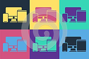 Pop art Computer monitor, graphic tablet and mobile phone icon isolated on color background. Earnings in the Internet