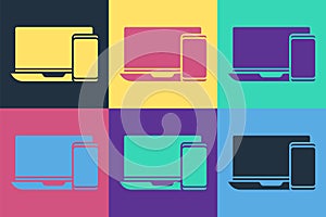 Pop art Computer monitor and mobile phone icon isolated on color background. Earnings in the Internet, marketing. Vector