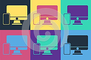 Pop art Computer monitor and mobile phone icon isolated on color background. Earnings in the Internet, marketing. Vector