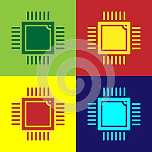 Pop art Computer processor with microcircuits CPU icon isolated on color background. Chip or cpu with circuit board