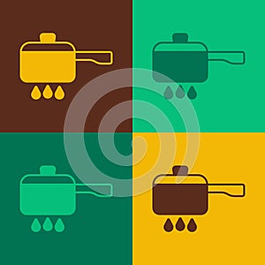 Pop art Cooking pot on fire icon isolated on color background. Boil or stew food symbol. Vector