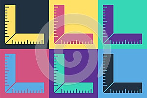 Pop art Corner ruler icon isolated on color background. Setsquare, angle ruler, carpentry, measuring utensil, scale