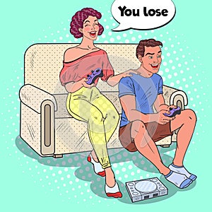 Pop Art Couple Playing Video Game. Girl and Guy with Console Joystick