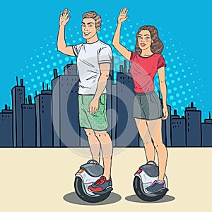 Pop Art Couple Riding Solowheel in the City. Self-Balancing Electric Scooter