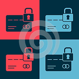 Pop art Credit card with lock icon isolated on color background. Locked bank card. Security, safety, protection. Concept