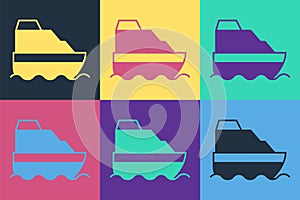 Pop art Cruise ship in ocean icon isolated on color background. Cruising the world. Vector