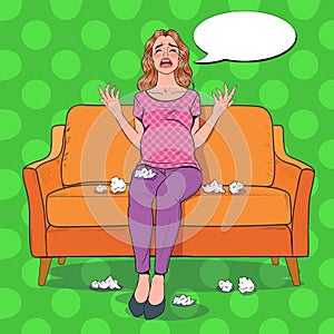 Pop Art Crying Pregnant Woman Sitting on Sofa at Home. Pregnancy Hormones Depressed Young Mother