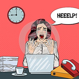 Pop Art Crying Stressed Business Woman Screaming at Multi Tasking Office Work
