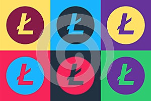 Pop art Cryptocurrency coin Litecoin LTC icon isolated on color background. Digital currency. Altcoin symbol. Blockchain