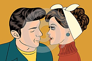 Pop art cute retro couple in comics style