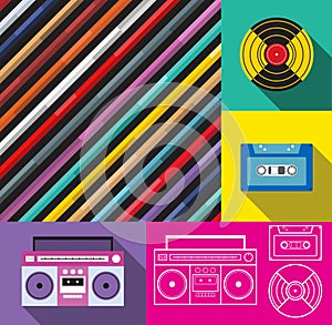 Pop art deco music design, cassette player and radio