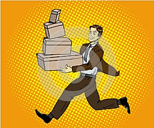 Pop art delivery concept vector illustration. Man handing box