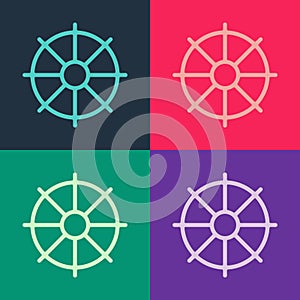Pop art Dharma wheel icon isolated on color background. Buddhism religion sign. Dharmachakra symbol. Vector