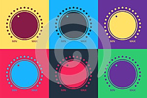 Pop art Dial knob level technology settings icon isolated on color background. Volume button, sound control, music knob