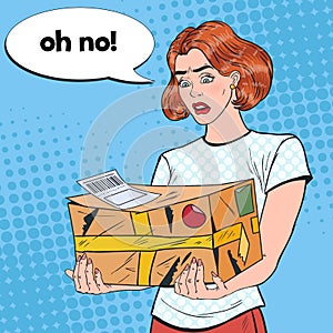 Pop Art Disappointed Woman Holding Damaged Parcel