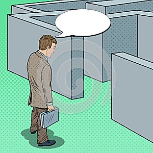 Pop Art Doubtful Businessman with Briefcase Standing in Front of Labyrinth