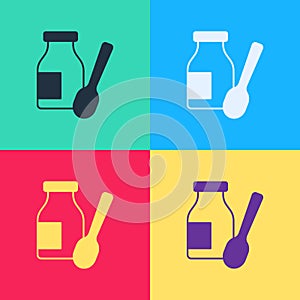 Pop art Drinking yogurt in bottle with spoon icon isolated on color background. Vector