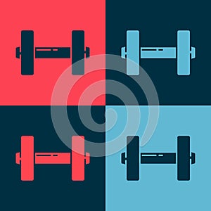 Pop art Dumbbell icon isolated on color background. Muscle lifting icon, fitness barbell, gym, sports equipment